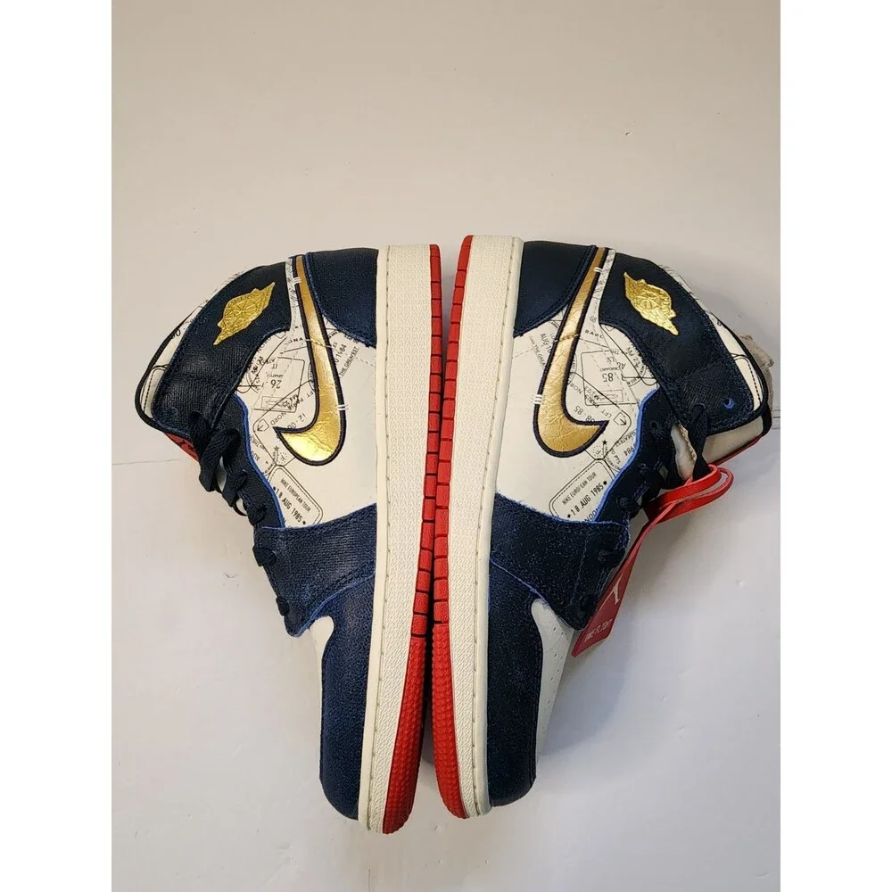 Nike Air Jordan 1 Mid SE (GS) Take Flight Sneakers Youth 6.5 Navy Gold Ivory Red